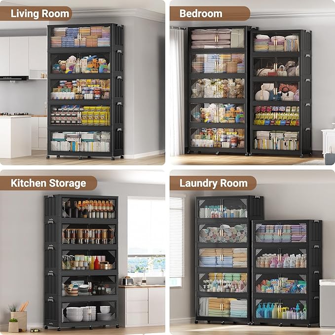 BROVIEW V60 560QT Plastic Stackable Storage Bins with Lid, 4Pack Black | 140Gal Extra Large Closet Organizers Collapsible Cabinets Boxes With Drawer, Foldable Container with 4x Wheels for Home - Image 6