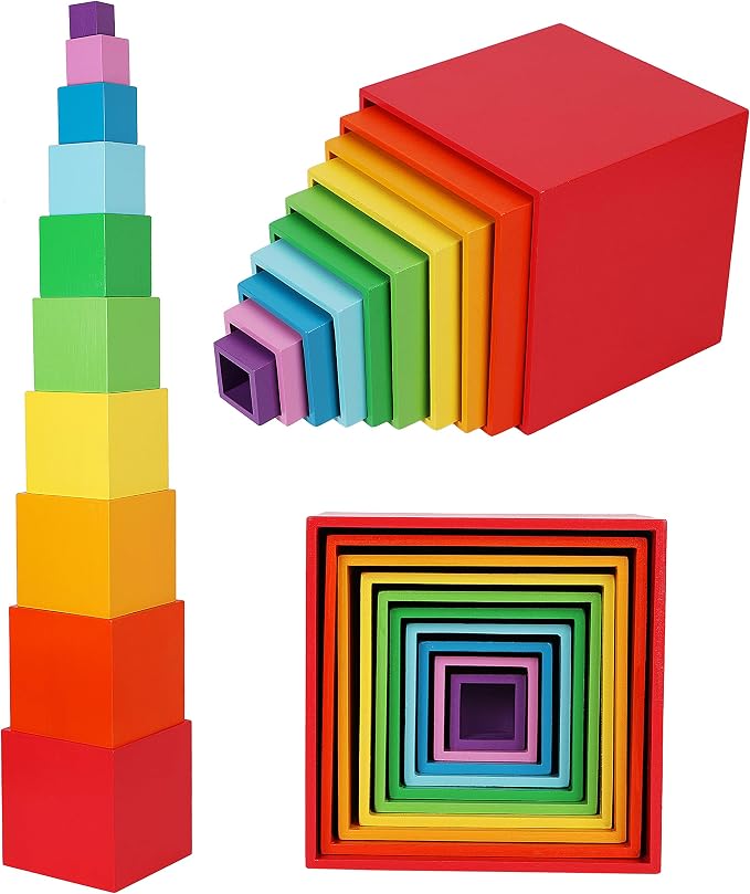 TOWO Wooden Stacking Boxes, Rainbow Nesting Sorting Cups for Toddlers | Rainbow wooden stacking cubes support color sorting, nesting and early learning; Montessori toy for toddlers age 2+ by Toys+of+Wood+Oxford