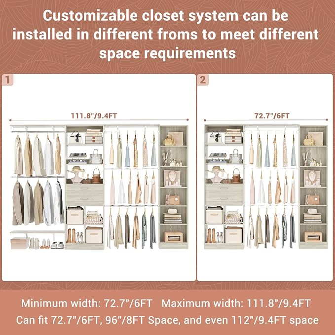 Besiost Closet System - 9.4FT/112" Closet Organizer System with Wooden Drawers,Closet Systems for Walk-In Closets with Hang Rods and Open Cabinet, Greige Oak - Image 2