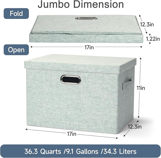 Storage Bins with Lids Fabric Closet Organizers Cubes Office Organization | 36 Quart 3 Pack Light Green Collapsible Stackable Linen Fabric 4 Handles Bedroom Closet Cabinet Under Bed Clothes Toy Office - Image 2