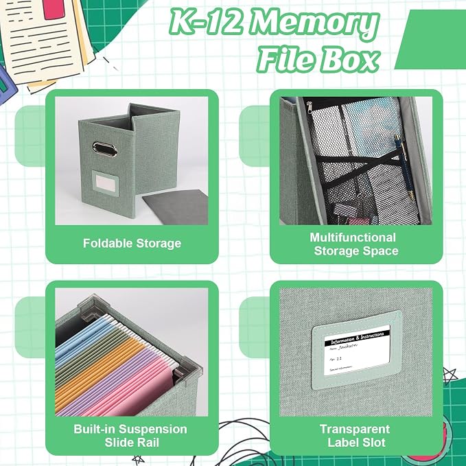 DOSTATNI School Years Organizer Kit K-12 School Years Memory Keeper with 15 Hanging File Folders Plastic 4 different Labels Memory Keepsake Box for kids Storage Pictures File Keeper (Green) - Image 3