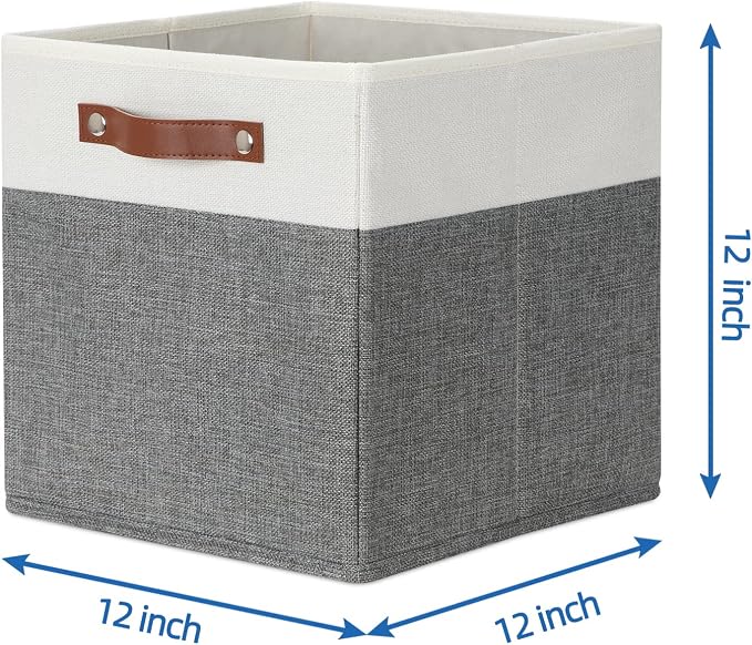 Temary Storage Cubes 12x12 Fabric Cube Storage Bins Foldable Storage Baskets with Handles, Decorative Storage Boxes for Organizing, Home, Office, Nursery, Shelf, Closet (White & Grey, 12 x 12 x 12) - Image 3