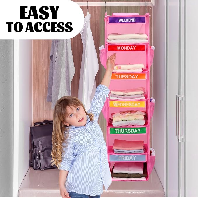 2 Pack 6-Shelf Weekly Clothes Organizer for Kids, Hanging Daily Closet Organization with 6 Side Pockets, Days of The Week Clothing Divider Storage for Boys and Girls (Pink) - Image 7