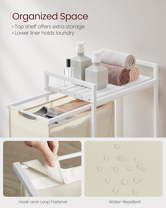 VASAGLE Laundry Hamper, Laundry Basket, Laundry Sorter with a Pull-Out and Removable Bag, Shelf, Metal Frame, 12.4 Gallons (47 L), 16.5 x 11 x 29.5 Inches, Cream White and Cloud White UBLH001W01 - Image 3