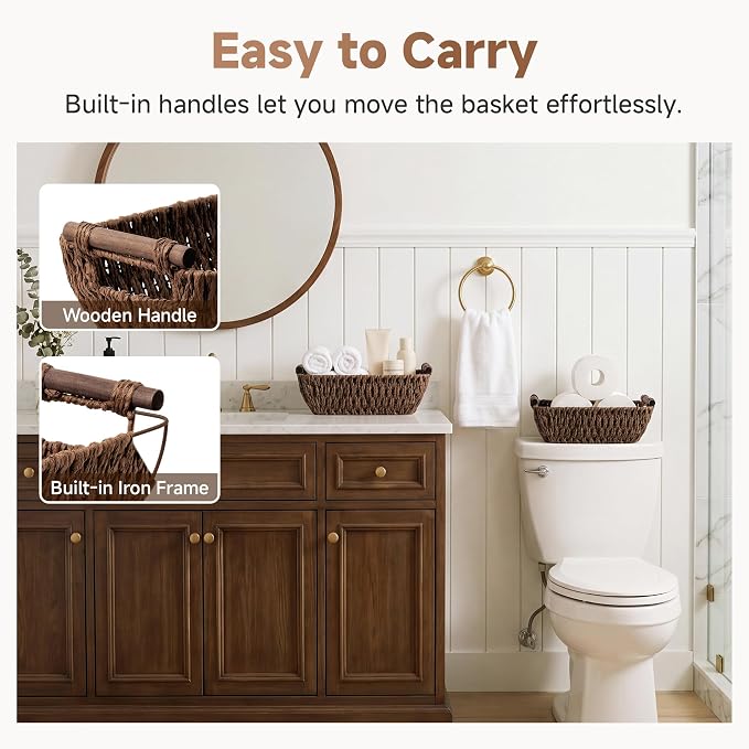 StorageWorks Small Baskets for Organizing, Woven Basket for Shelves | Wicker Storage Baskets for Shelves, Baskets with Wooden Handles, 2-Pack Gifts Basket for Home Decor, Hand-Woven Basket - Image 4