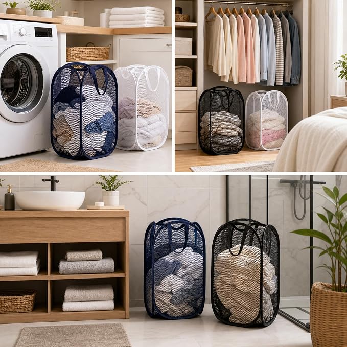 6 Pcs Handy Laundry Collapsible Mesh Foldable Hampe (Black/White/Blue) | Popup Laundry Basket with Durable Handles,Pop-up Mesh Hamper Dirty Clothes Basket for Kids Room, College Dorm or Travel - Image 7