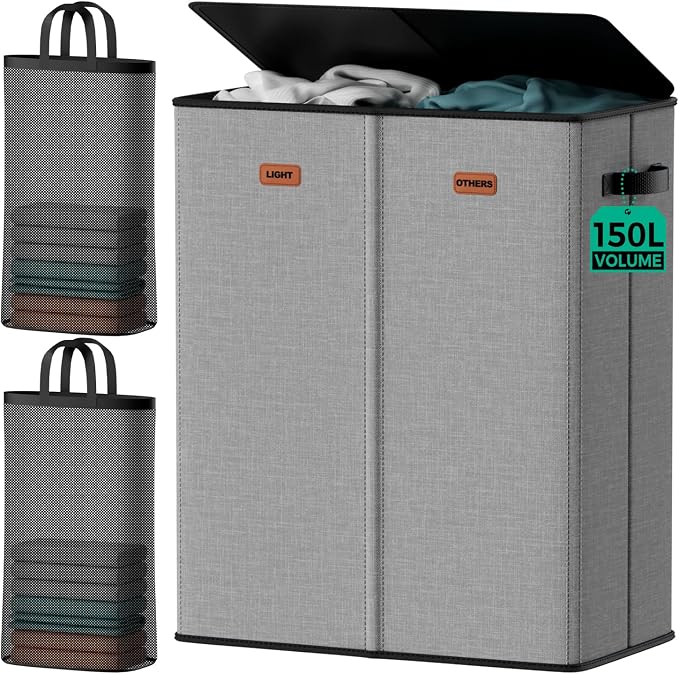 150L Dual-Compartment Laundry Hamper with Lid & Removable Inner Bag – Large 2-Section Clothes Hamper for Home, Dorm & Laundry Room by MECINFUL