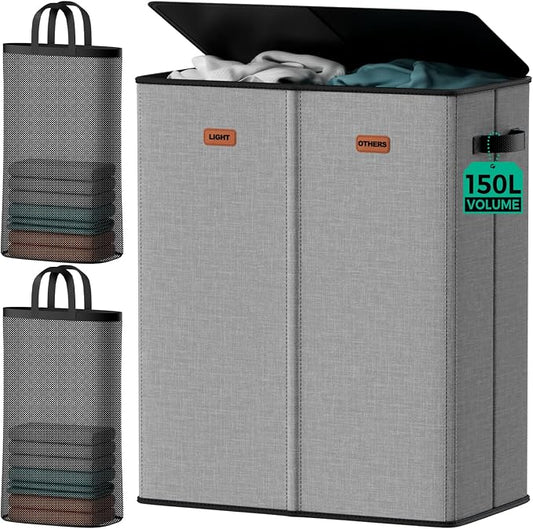150L Dual-Compartment Laundry Hamper with Lid & Removable Inner Bag – Large 2-Section Clothes Hamper for Home, Dorm & Laundry Room by MECINFUL