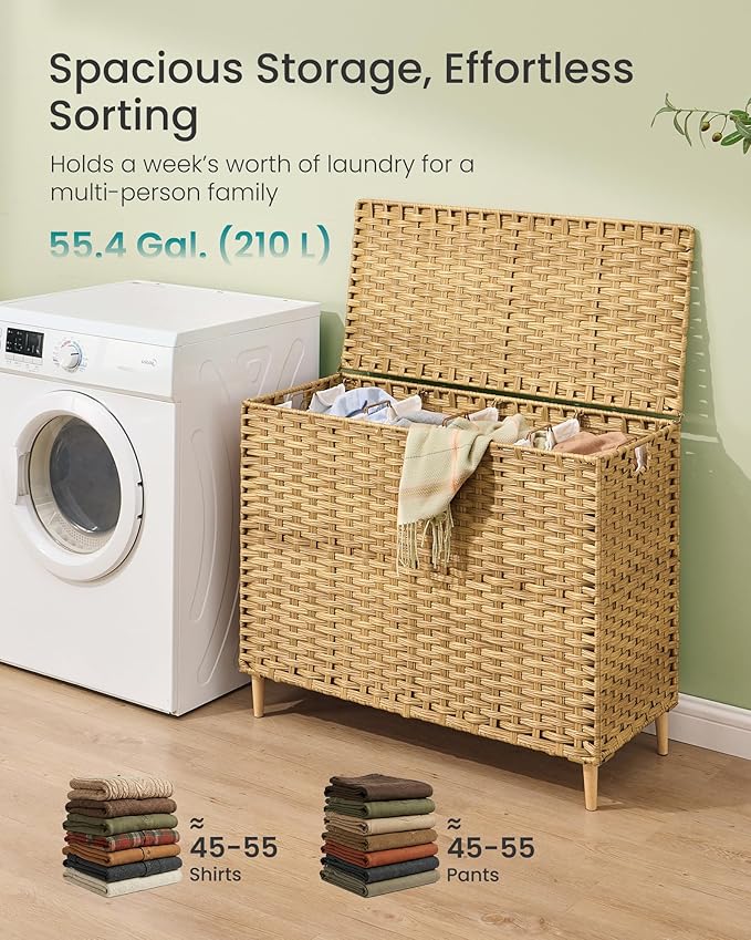 SONGMICS 4-Section Laundry Hamper with Lid, 55.4 Gal (210L) PE Rattan Laundry Basket with Removable Washable Liners, for Bedroom & Living Room, Goose Yellow ULCB224YE01 - Image 3