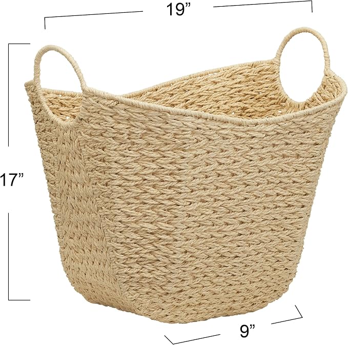 Household Essentials Cream Paper Rope Basket with Handles, Natural Woven Storage Basket - Image 2