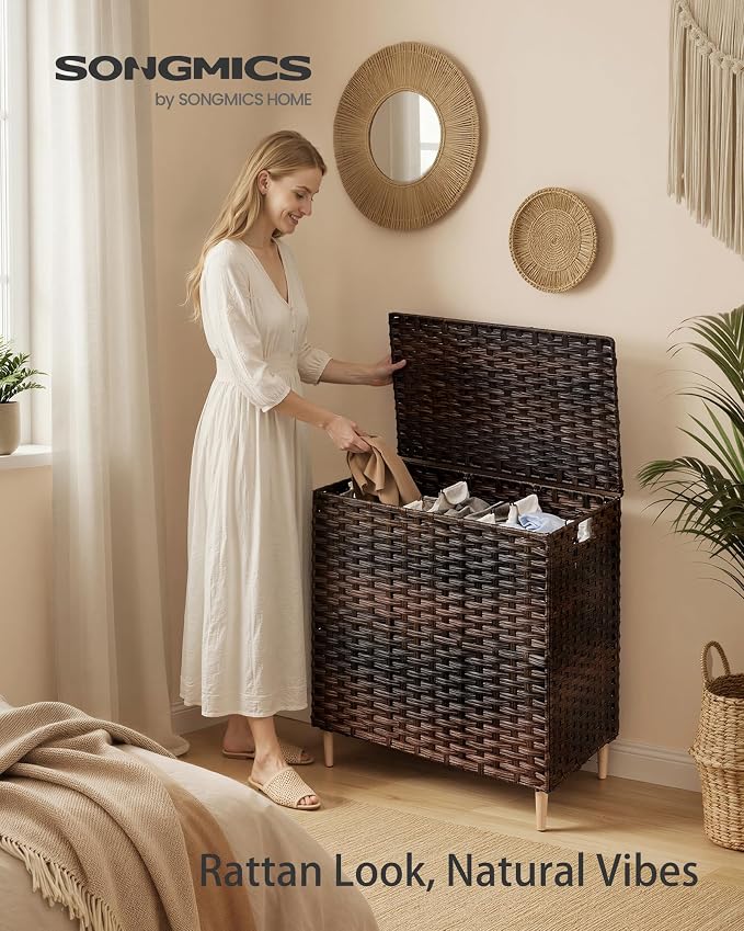 SONGMICS 3-Section Laundry Hamper with Lid, 42.2 Gal (160L) PE Rattan Laundry Basket with Removable Washable Liners, for Bedroom & Living Room, Chestnut Brown ULCB223ME01 - Image 2