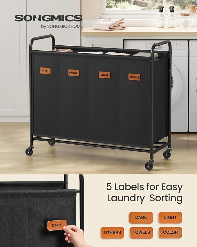 SONGMICS 4-Section Laundry Sorter, Laundry Hamper with Wheels, Rolling Clothes Hamper Cart with Large Capacity and Removable Bags, for Laundry Room, Bedroom, Bathroom, Ink Black URLS460B01 | Rolling Clothes Hamper Cart, Large Capacity, for Laundry Room... - Image 2