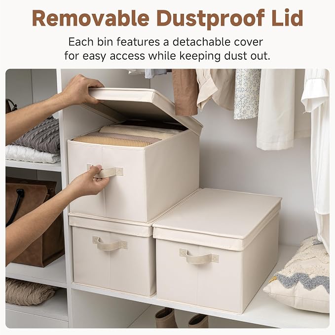 StorageWorks Fabric Storage Bins with Lids, Closet Storage Bins | Lidded Dust-proof, Easy Pull Handles, Foldable, Stackable, Ideal for Clothes Blanket Towel, Jumbo, Cream White, 3-Pack - Image 2