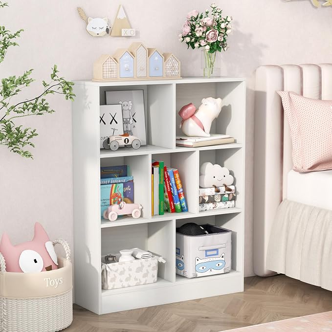 HONEY JOY Kids Toy Storage Organizer, 7-Section Wooden Floor Storage Cabinet, 41” Daycare Toy Chest, 3-Tier Kids Display Bookshelf for Classroom, Playroom & Nursery, Kindergarten (White) - Image 2