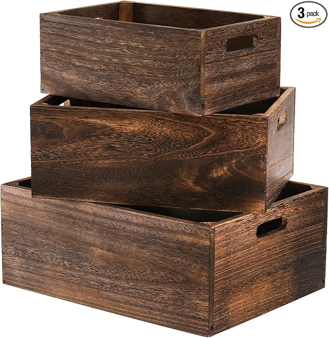 Frcctre Set of 3 Wood Nesting Storage Crates with Handles, Decorative Farmhouse Wooden Crates Storage Containers Rustic Handmade Natural Solid Wood Basket by Frcctre