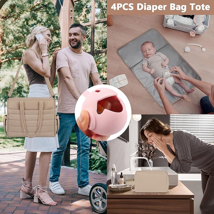 Diaper Bag Tote for Baby, Large Hospital Mommy Bag for Labor Delivery | Lightweight Puffy 4pcs Diaper Tote with Changing Pad, Toiletry Bag and Pacifier Case, Travel, Hospital, Newborn Essentials - Image 2