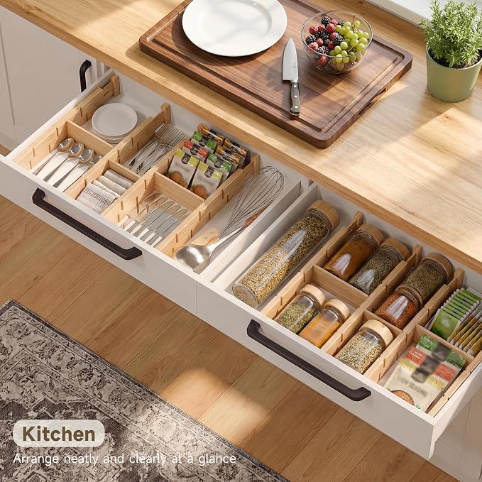 Bamboo Drawer Dividers, Expandable Kitchen Drawer Organizer | Include 8 Dividers, 8 Small Inserts and 8 Medium Inserts for Home, Office, Dressers - Image 4