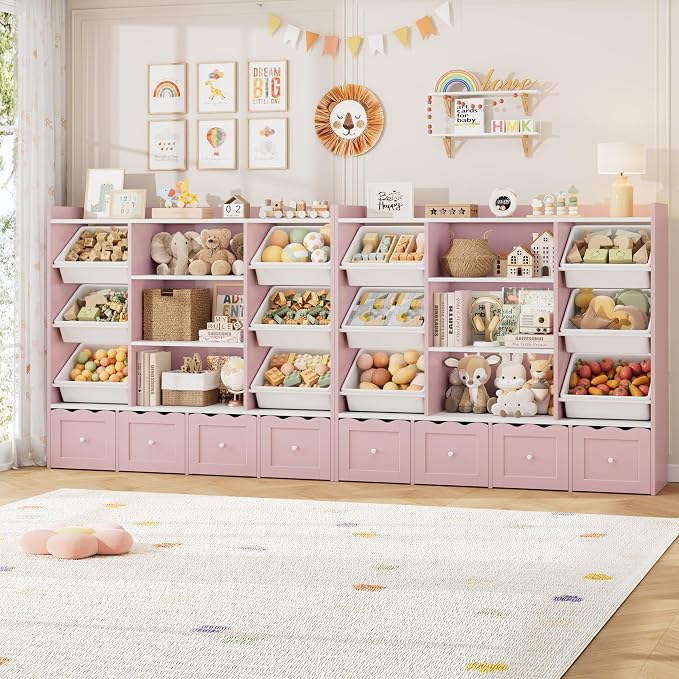 HITHOS 55" W Kids Toy Storage Organizer with 10 Toy Box & Book Shelf, Pink | Large Toy Organizers and Storage with Kids Bookshelf & 6 Plastic Toy Chests & 4 Movable Drawers for Kids Room, Playroom - Image 3