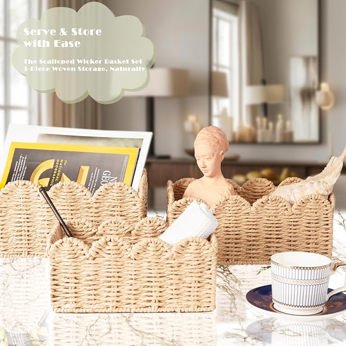 Scalloped Wicker Baskets Set of 3, Hand-Woven Storage with Handles | set of 3 beige scalloped baskets with handles. Hand-woven paper rope for shelves, bathroom or closet. Stackable, sturdy. - Image 5