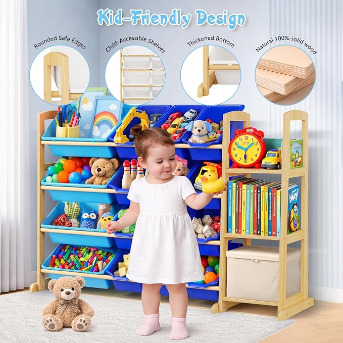 Kids Toy Storage Organizer with Bookshelf – Wooden Shelf with 16 Bins & 3 Shelves, Quick Assembly Storage Rack for Playroom, Bedroom, Nursery - Blue - Image 3
