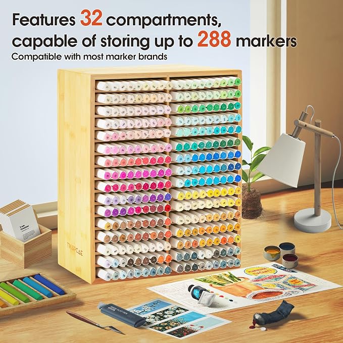 Marker Organizer for 288 Markers,Bamboo Wooden Desk Storage Organizer Rack,Markers Pens Pencils Art Brushes Storage Holder for Home Classroom Office Decor - Image 3