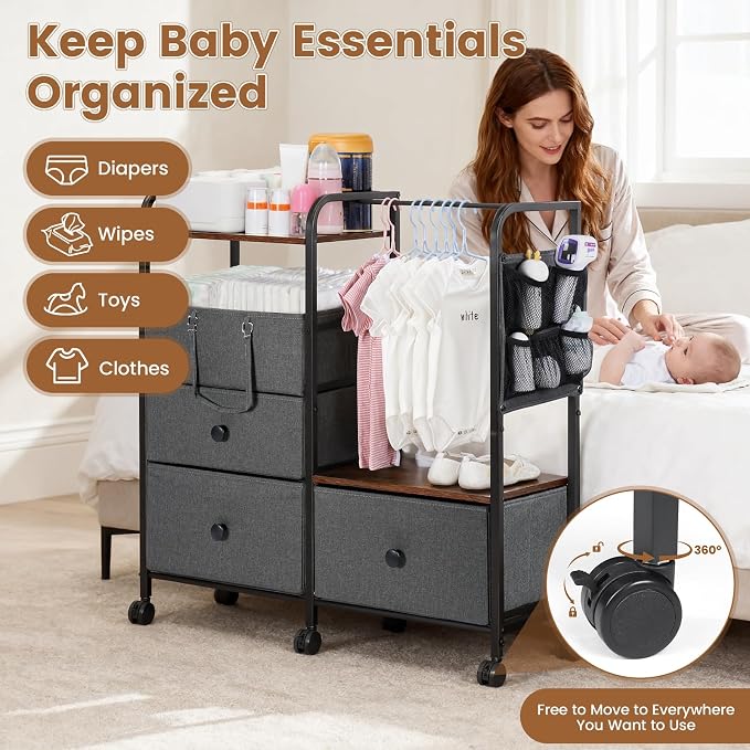 Orzbow Baby Diaper Caddy Cart Organizer and Storage, Grey | 4 Tier Baby Rolling Cart with Dividers and Drawers, Metal Rolling Utility Cart for Nursery, Bedroom, Changing Table & Crib - Image 6