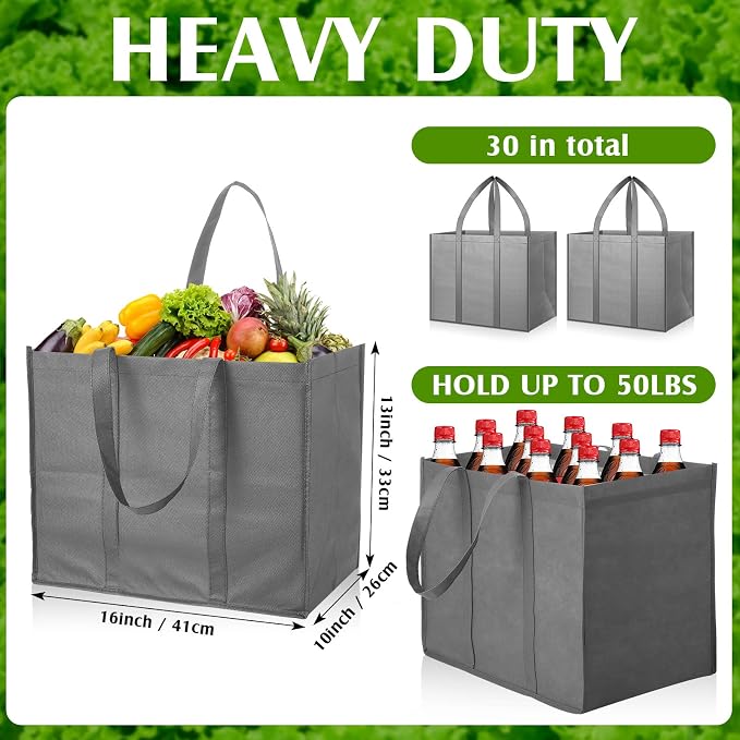 Hillban 30 Pack Large Reusable Shopping Bags Bulk | Heavy Duty Foldable Grocery Bags 16 x 13 x 10 Inch, Washable Portable Storage Totes with Reinforced Handles - Image 3