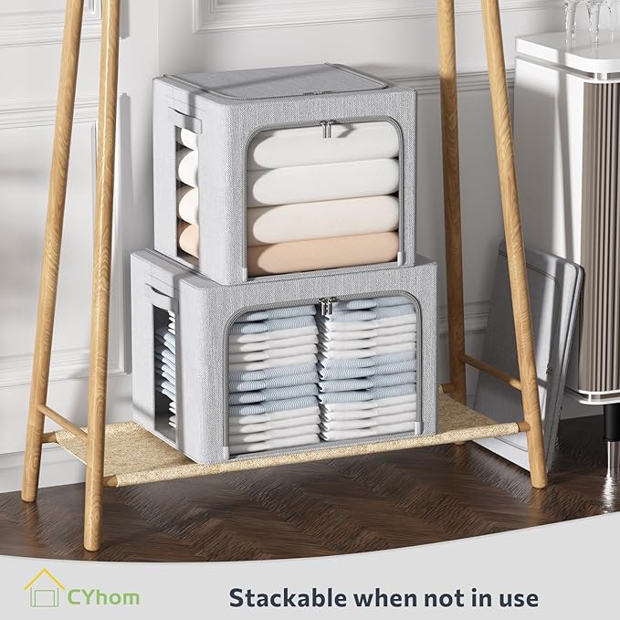 CYhom 3Pack Foldable Storage Bins - Frame Storage Box Linen Fabric Stackable Clothes Container Organizer with Clear Window & Carry Handles Large Capacity (Medium-36L, Light Grey) - Image 7