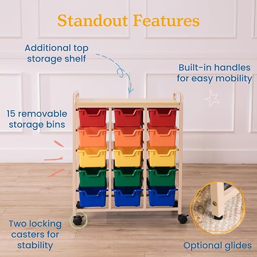 ECR4Kids 15-Bin Mobile Organizer with Shelf, Removable Bins, Sand/Assorted | Durable plastic bins, steel frame, GREENGUARD Gold Certified, 75 lb capacity, rolling casters, craft supplies, classroom/home - Image 6