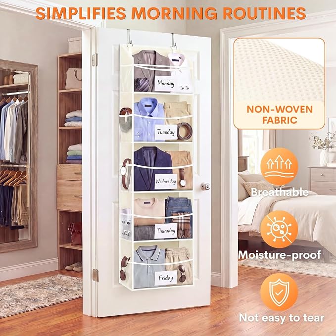 5Tiers Over Door Organizer, Weekly Clothes Organizer for Kids | 5 clear PVC front pockets, 10 mesh side pockets, weekly outfit planner, for kids, dorm, entryway, RV, 50 lbs capacity - Image 5