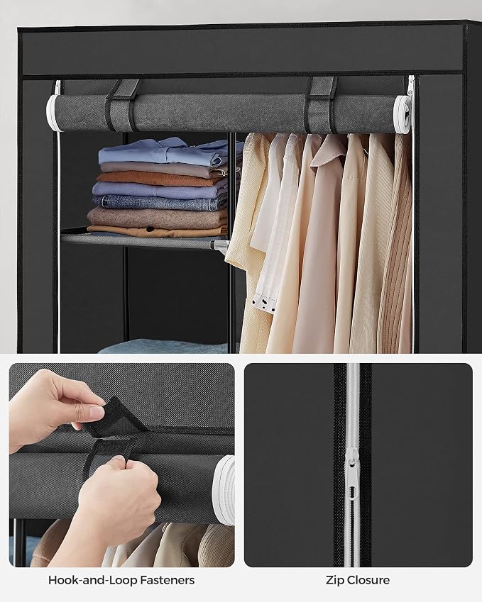SONGMICS Portable Closet, Fabric Wardrobe, Clothes Rack with Shelves, Pockets, Large Capacity, 1 Hanging Rod, 34.6 x 17.7 x 66.1 Inches, Ink Black URYG84BK | Large Capacity, 1 Hanging Rod, Pockets, 34.6 x 17.7 x 66.1 Inches, Ink Black, RYLAN Collection... - Image 8