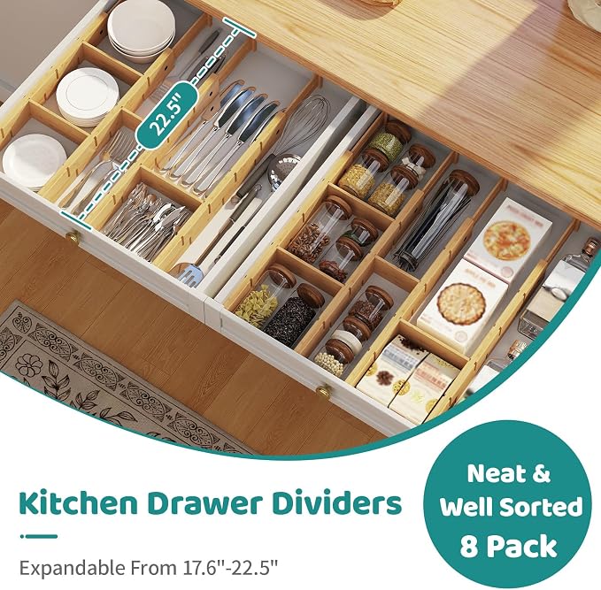 8 Pack Kitchen Drawer Dividers with Inserts, Bamboo Adjustable Drawer Organizers, Expandable Organization for Home, Dressers, 8 Dividers with 16 Inserts - Image 5