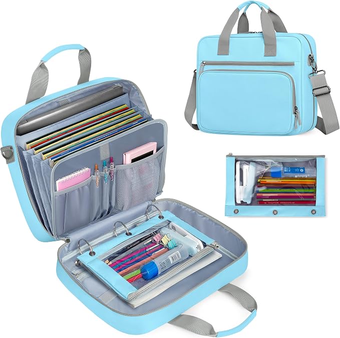 Yarwo 2026 Upgraded Zipper Binder 3 Ring Binder Bag with Pencil Pouch | 500 Sheets Capacity, 5-Tab Expanding File Folder, 14” Laptop Padded Sleeve, Shoulder Strap, for College, Office, Home, Blue by Yarwo
