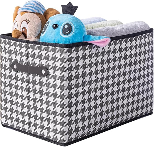 1 Pack Large Collapsible Storage Baskets for Shelves,14.9"x9.5" Fabric Closet storage Boxes with Leather Handles,Decorative Organizers Storage Bins for Clothes,Sheets,Toys,Books,(Houndstooth by Yunkeeper