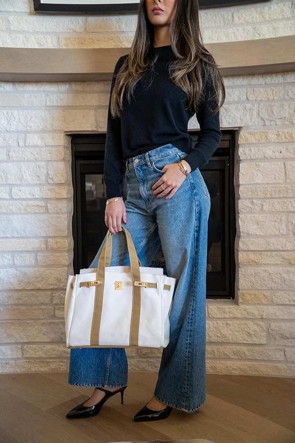 Canvas Tote, 8 Pockets, Distressed Finish, Structured Silhouette(Cream/Beige) - Image 2