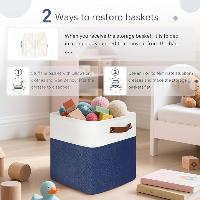 FinishingBo 11 inch Cube Storage Bin 6 Pack, Cube Organizer Bins | Fabric Storage Bins With Handles, 11x11 Storage Cubes, Shelf Basket, White/ Blue - Image 6