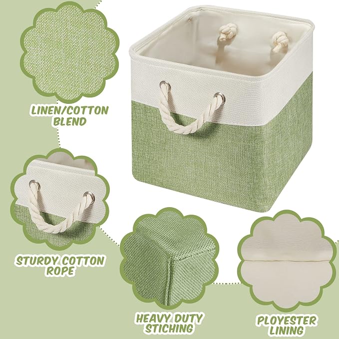 6 Pack 11x11 Inch Green Cube Storage Bins Square Fabric Cube Baskets Handle | Foldable Fabric Organizer with Sturdy Rope Handles, Home Closet Bin for Shelves, Durable Cube Baskets Bulk for Home Storage - Image 3