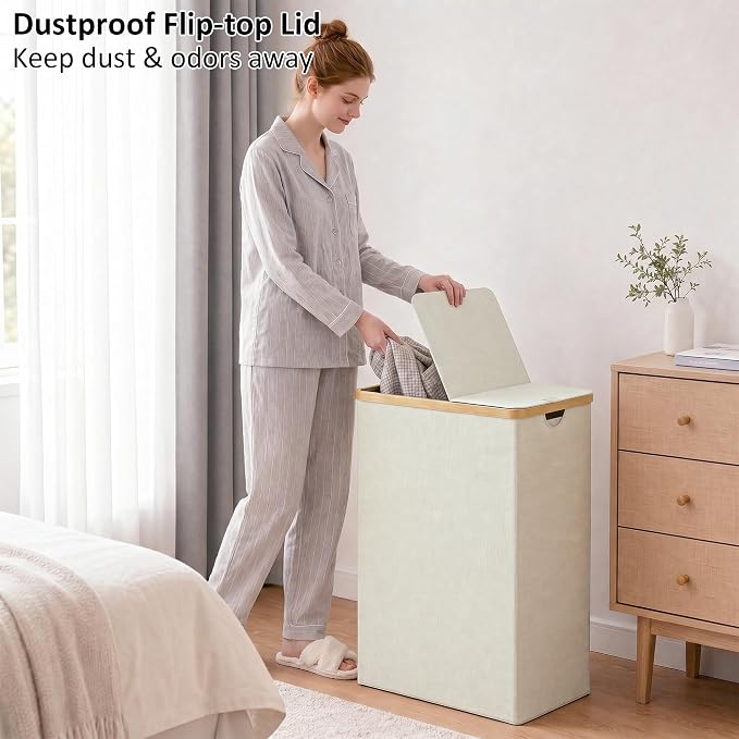 efluky Laundry Hamper with Lid, Double Laundry Basket with 2 Removable Bags, 2 Section Laundry Bin with Bamboo Handles for Bathroom, Bedroom & Laundry Room, 115L (30.4 Gallon) Beige - Image 2