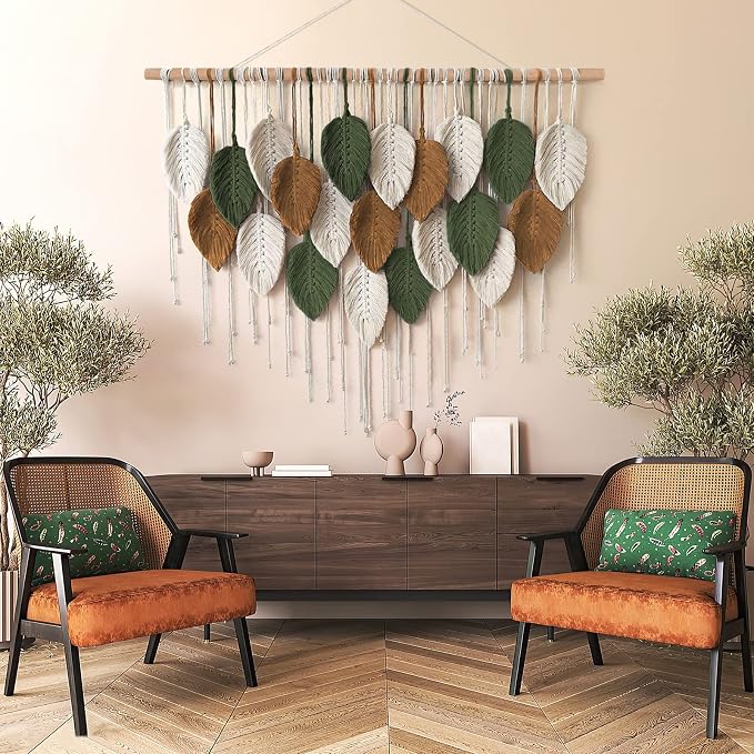 Large Macrame Wall Hanging Boho Woven Tapestry Chic Home Decor Wall Art | KHOYIME Modern Bohemian Handmade Leaf Feather Decoration for Apartment Dorm Living Room Bedroom Nursery Backdrop 39"W X29.5"L - Image 3