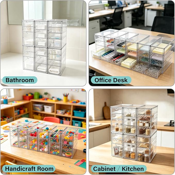 Prsildan Stackable Desk Organizers with 20 Drawers, Craft Storage Drawer | Anti-slip Clear Acrylic Teacher Toolbox, Makeup Vanity Organizer for Nail, Bathroom Kitchen Office Organization, 6 Pack - Image 4