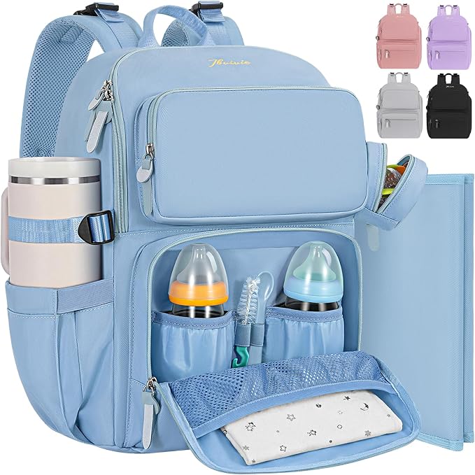 IBVIVIC Diaper Bag Backpack with Portable Changing Pad, Light Blue | Multifunctional Baby Bag for Mom Dad, Large Capacity, Stroller Straps, Insulated Bottle Pockets & Pacifier Case by WelcometoIBVIVIC