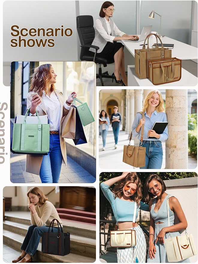 BESBESME Women’s Canvas Tote Bag with Zipper and Compartments – Multi-Pocket Laptop Work Crossbody Shoulder Tote Purse - Image 6