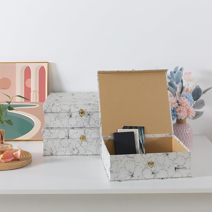 Soul & Lane - Black and White Floral Boxes with Gold Hardware, Set of 3 | Large Stacking Keepsake Boxes with Lids for Home Decor and Organizing, Elegant Cardboard Memory Storage Trunks - Image 5