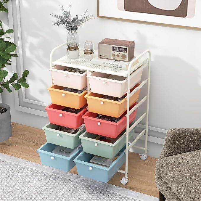 10 Drawer Rolling Cart, Storage Cart Organizer on Wheels, Drawer Cart with Metal Frame & Large Storage Capacity, Rolling Cart with Drawers for Living Room Classroom, Office - Image 8