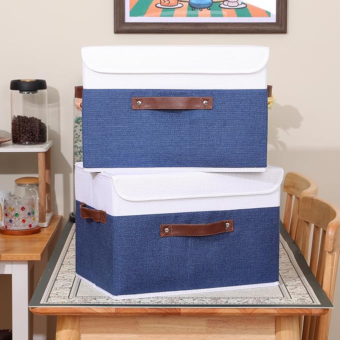 ANMINY Fabric Storage Box Bins with Lids, Blue White, 15"x10"x10", 4 Pack | Keepsake Memory Storage, Cotton Linen, PP Board Reinforced, Washable, PU Handles, Foldable & Stackable, Decorative, Large - Image 7