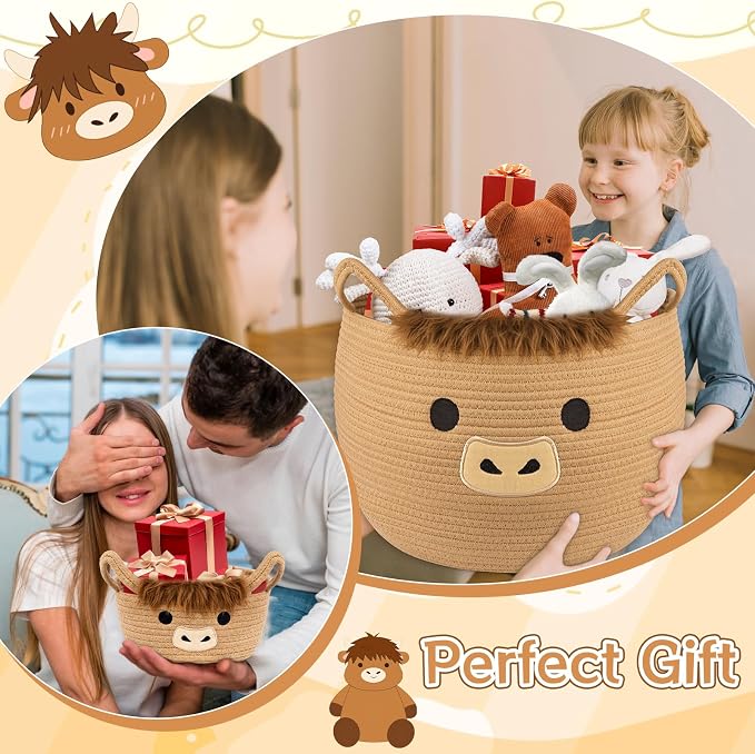 Highland Cute Cow Basket Set for Nursery, Woven Storage Cotton Rope Basket, Baby Blanket 0rganizer with Ears Handles, Blanket Towel Decor Toy Clothes Gifts Storage Cat Dog Bin, Pack of 2 - Image 4