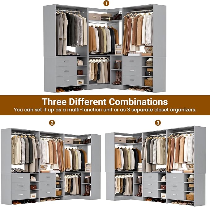 Aheaplus Closet System with 6 Drawers, 4 Hanging Rods & Corner Tower, Corner Closet System with Hanging,92.6" L-Shaped Walk-In Wardrobe Organizer, 2000+ lbs Capacity, Set of 3, Grey - Image 3