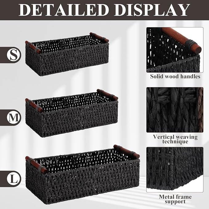 Boao 3 Pcs Boho Storage Wicker Baskets Handmade Woven Decorative Paper Rope Baskets for Organizing with Handle Countertop Toilet Paper Storage Container for Toilet Tank Top(Black,Rectangle) - Image 3