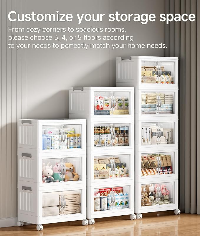 Hanyi 175 QT Stackable Storage Bins with Lids, 5 Tier Collapsible Plastic Storage Cabinet with Magnetic Doors, Removable Top Lid, Locking Wheels, Closet Organizer for Bedroom, Pantry, Office - Image 3
