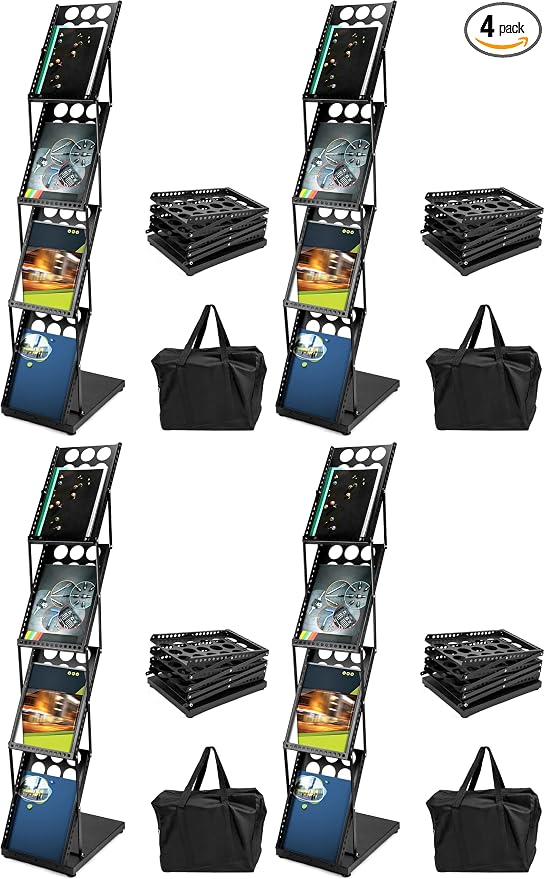 QWORK Magazine Brochure Display Rack Stand, 4 Pocket Foldable Literature Catalog Rack Book Holder Tradeshow Display Stand, for Office Store and Exhibition Trade Show (Black) (Pack of 4) by QWORK